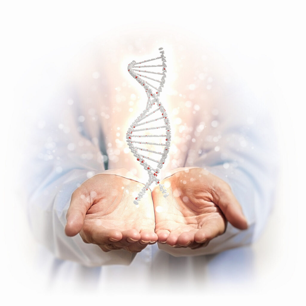 hands holding dna strands